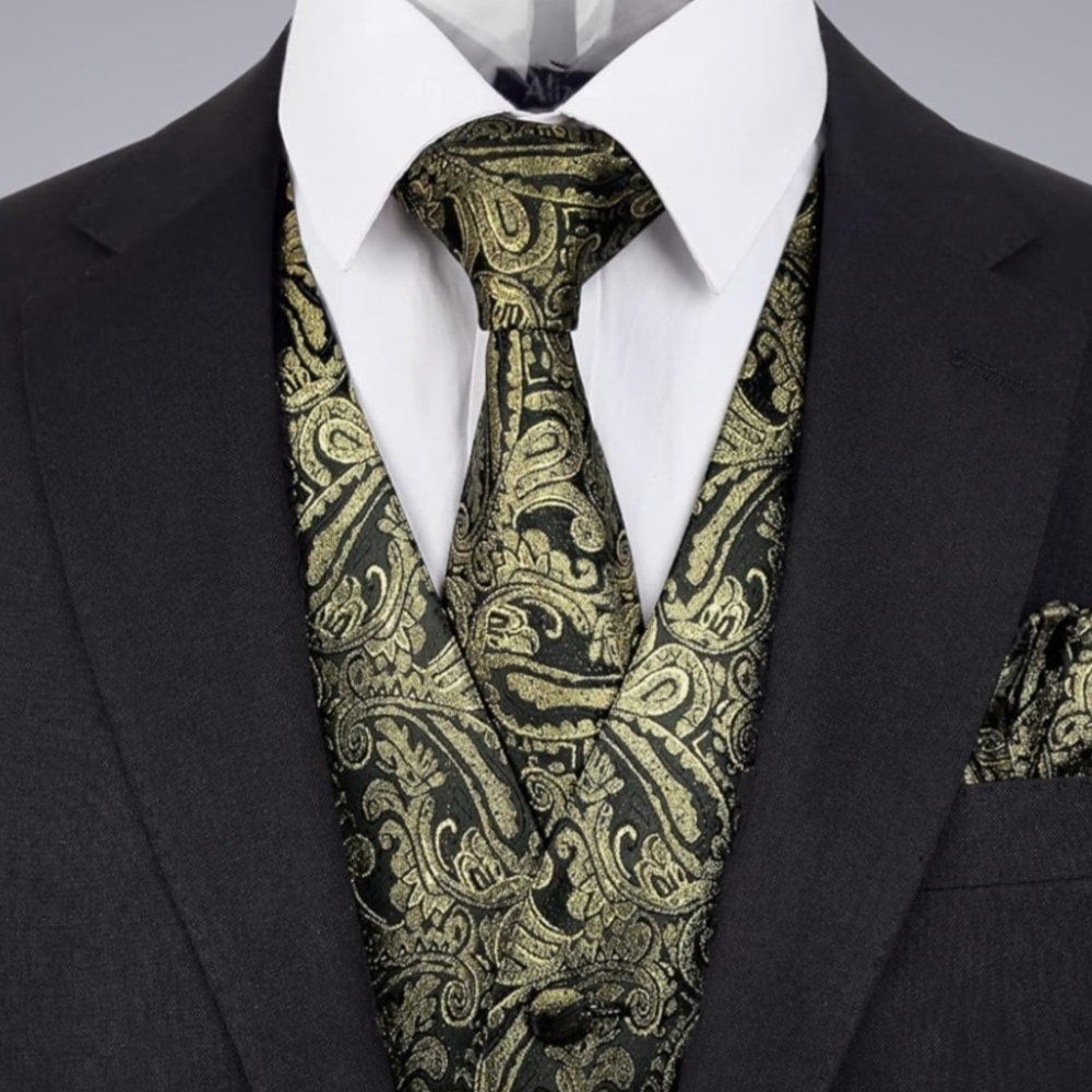 Men's Gold and Black Paisley Vest Set With Bow Tie Picket Square Size Medium